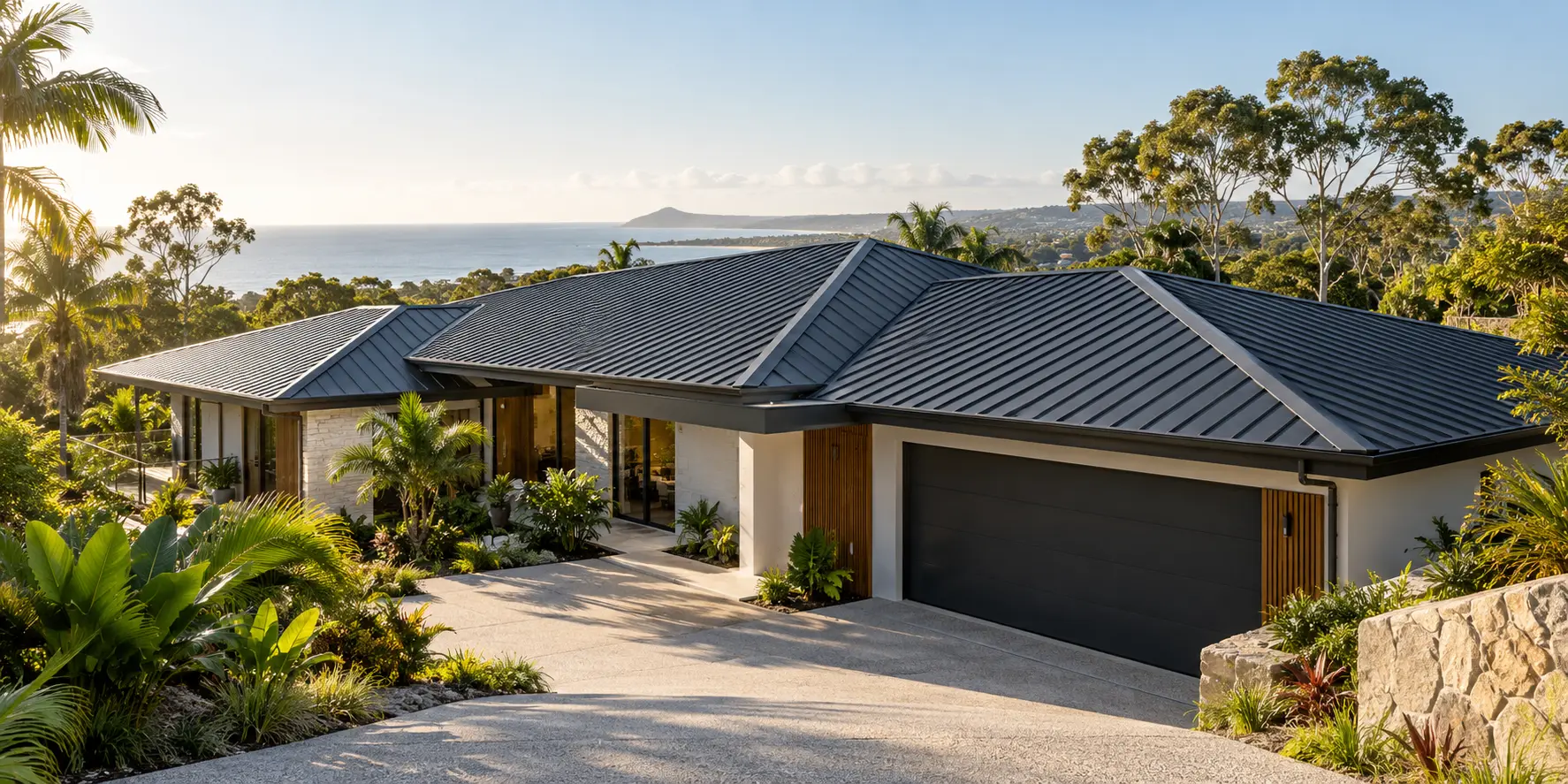 Illustration of a contemporary coastal home with a charcoal metal roof